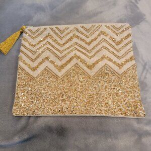 Noor-e-Noire Handcrafted Gold Beaded Cosmetic Bag Chevron Sequin Design